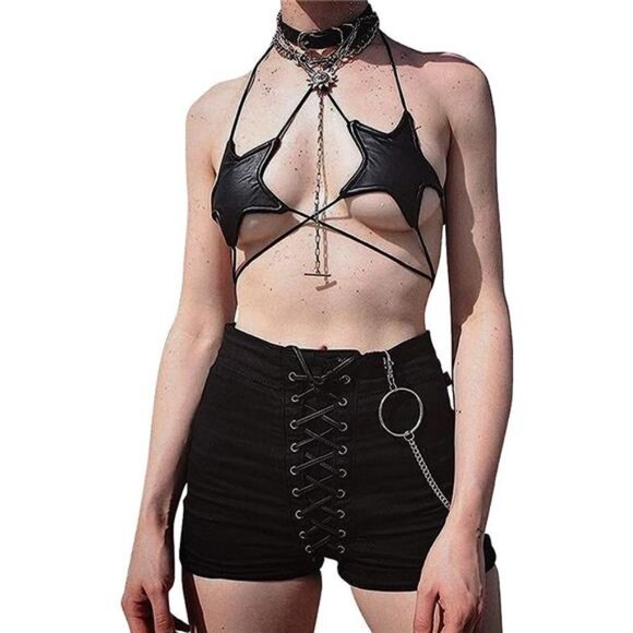 Black Metallic Star Strappy Tube Top‎ Halter Rave Wrap Bandeau Bra Club Cami Top - Picture 5 of 8